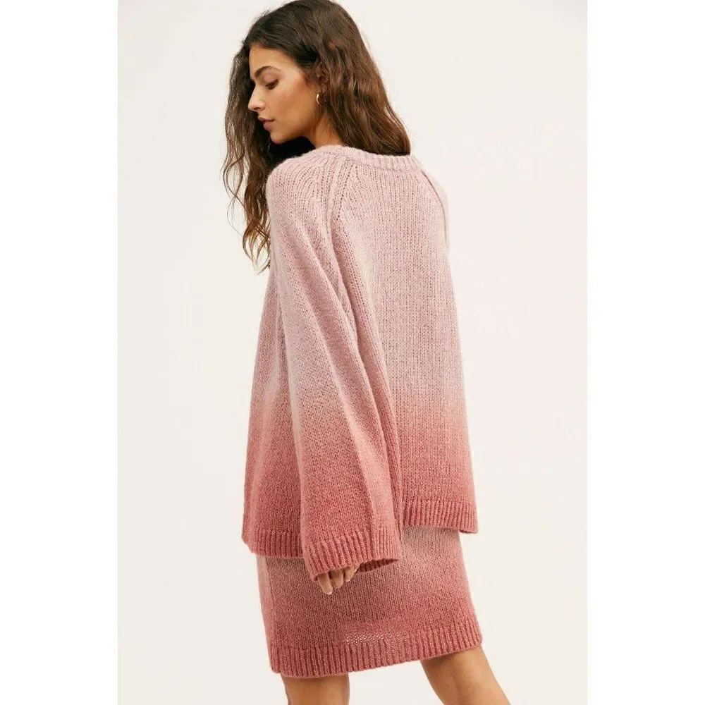 NEW FREE PEOPLE Sz L FADE AWAY OMBRE PULLOVER WIDE SLEEVE SWEATER IN PINK